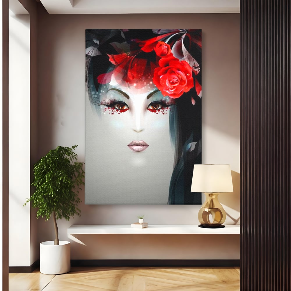 Tablou canvas cu tablou portret feminin cu trandafiri rosii, fara rama, pe sasiu de lemn